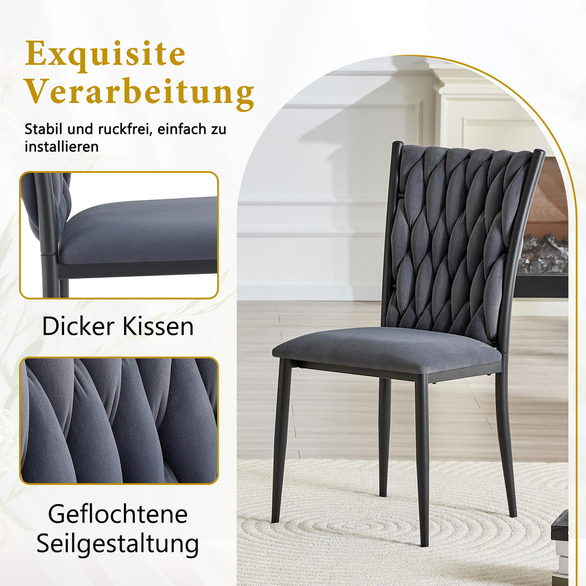 STUHL-SET DE-36807 4 Stück mit handgeflochtenem Muster Dunkelgrau - Dunkelgrau, Metall (45/94/58cm) - ComfortXL