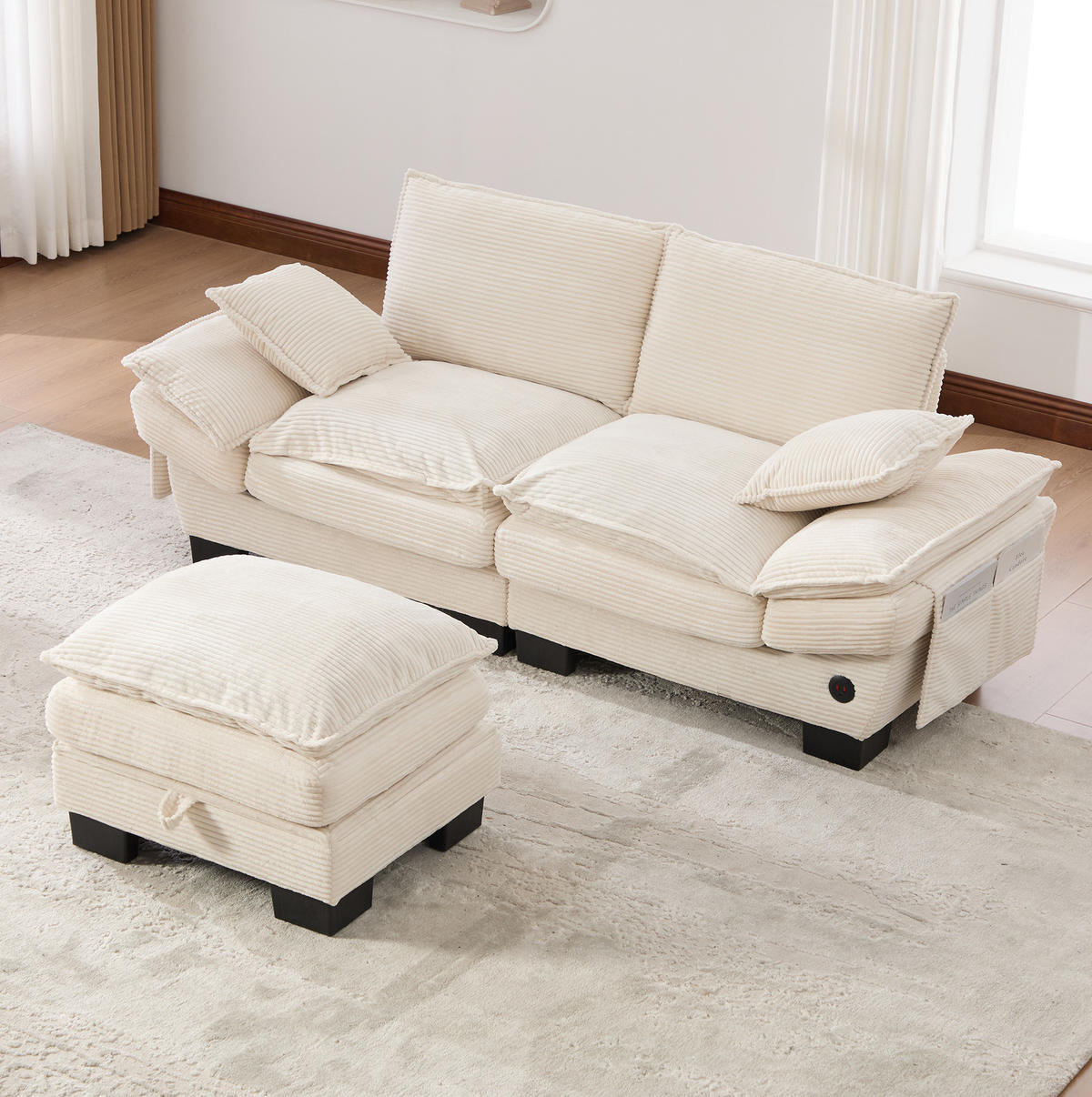 SOFA 2-Sitzer mit Hocker 190 x 132 cm Cord Beige - Beige, Kunststoff (132/190.1cm) - Meubliv