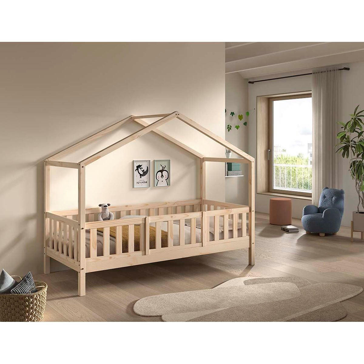HAUSBETT Kapua 90x200 mit Rausfallschutz Kiefer Massivholz Natur - Kieferfarben, Holz (90/200cm) - 58aufmkessel