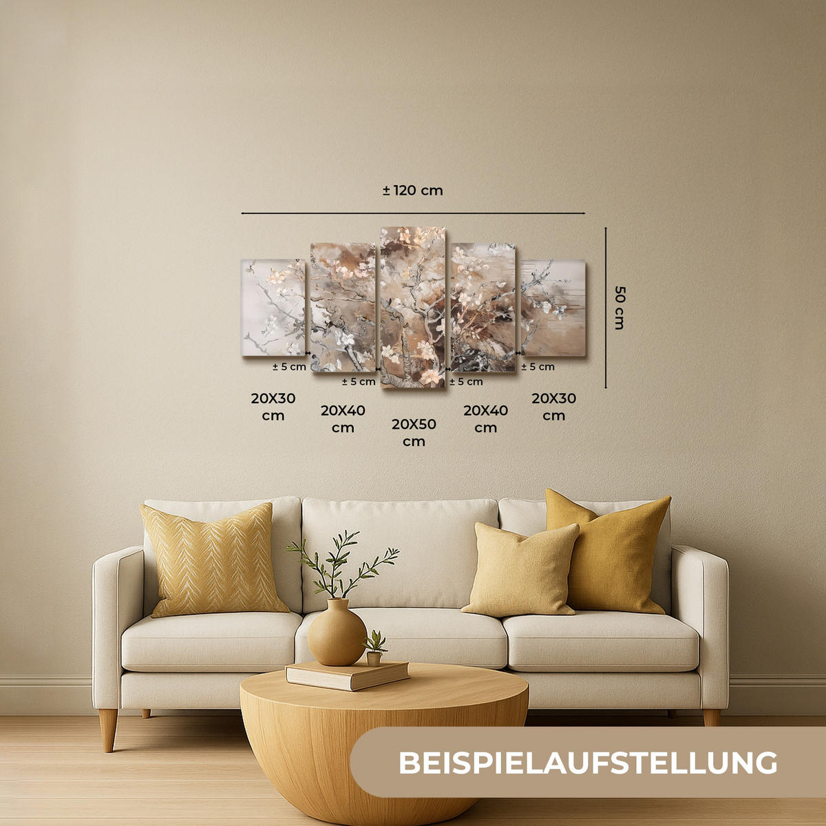 OBRAZ NA PLÁTNĚ 5dílná sada Mandlový květ - abstraktní - béžový 100x50 cm - béžová, textil (100/50cm) - MuchoWow