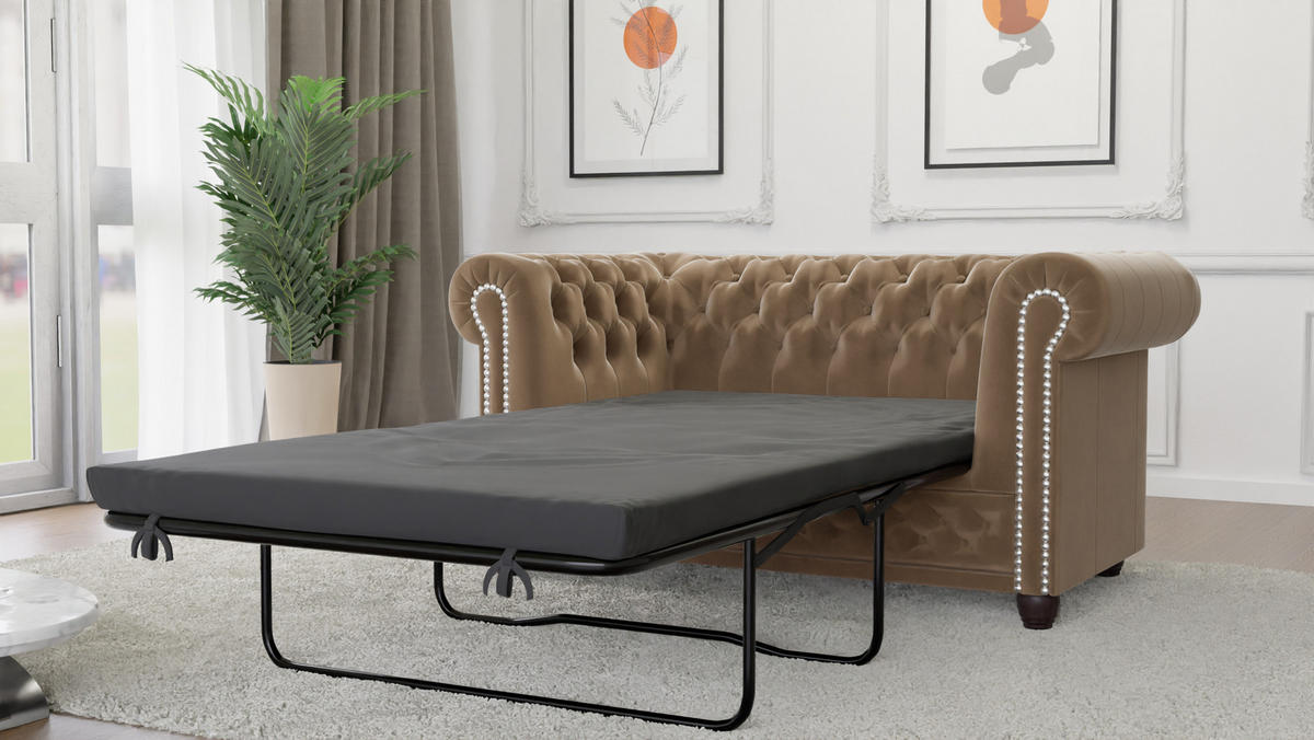 CHESTERFIELD-SOFA 2-sitzer mit Schlaffunktion Nyx Beige Samt - Beige/Braun, Holz/Textil (148/72/86cm) - S-Style Möbel