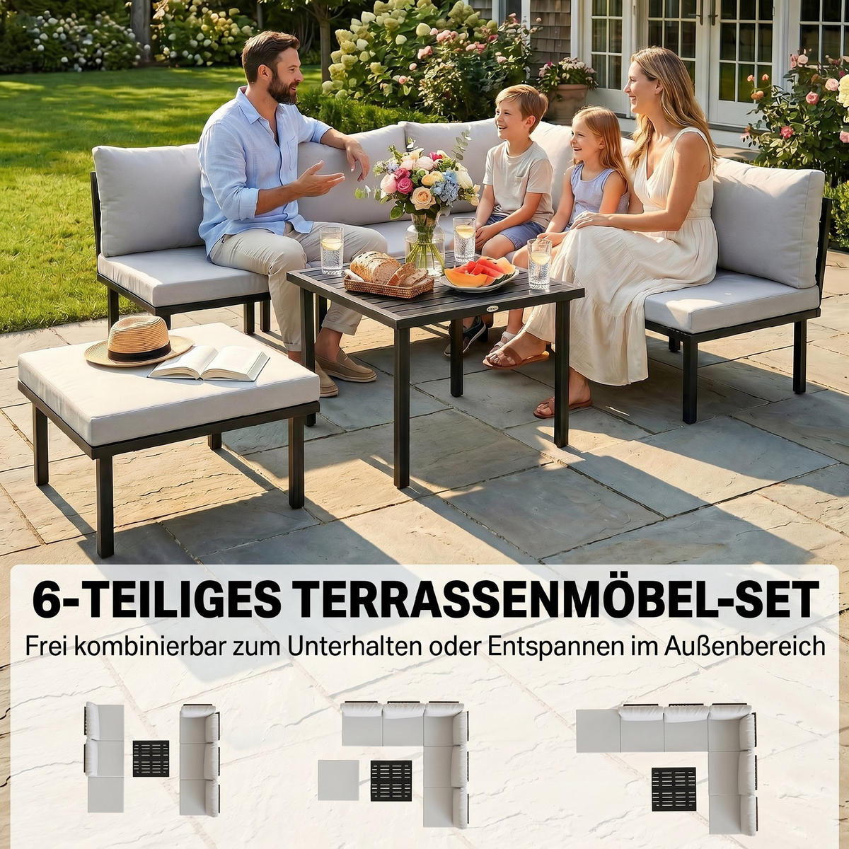 LOUNGE GARTENMÖBEL SET DE-06609, 2 Stühle, Eckstuhl, Lamell-Tisch, Fußhocker - Hellgrau, Textil/Metall - ComfortXL