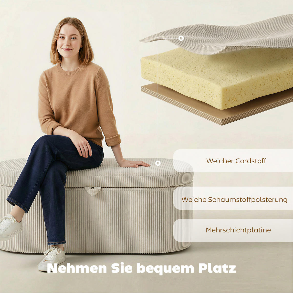 SITZBANK Polyester Beige - Beige/Schwarz, Kunststoff/Textil (51/49/105cm) - HOMCOM