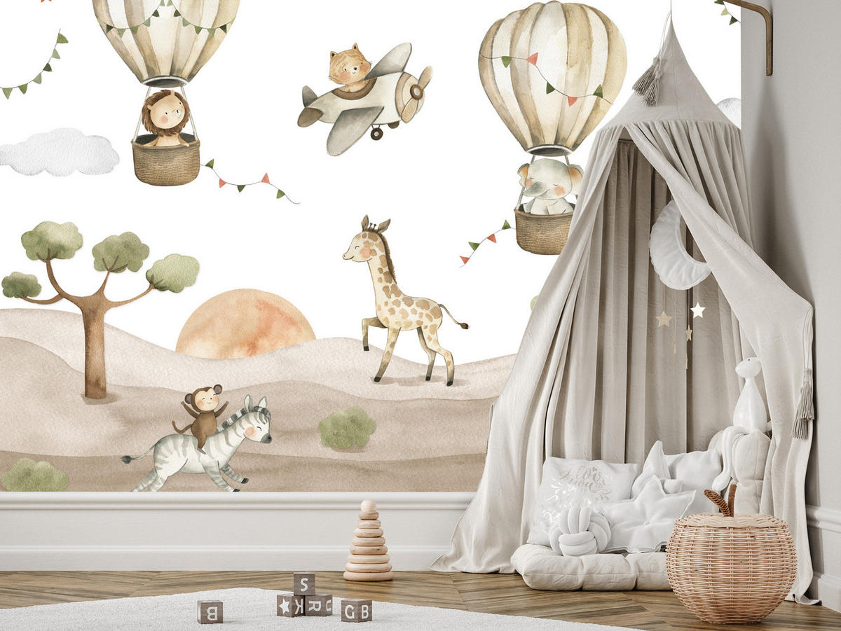 FOTOTAPETE für Kinderzimmer Tiere Ballons Flugzeuge Safari Bäume Hügel 500x350 - Beige/Braun, Papier (500/350cm) - Muralo