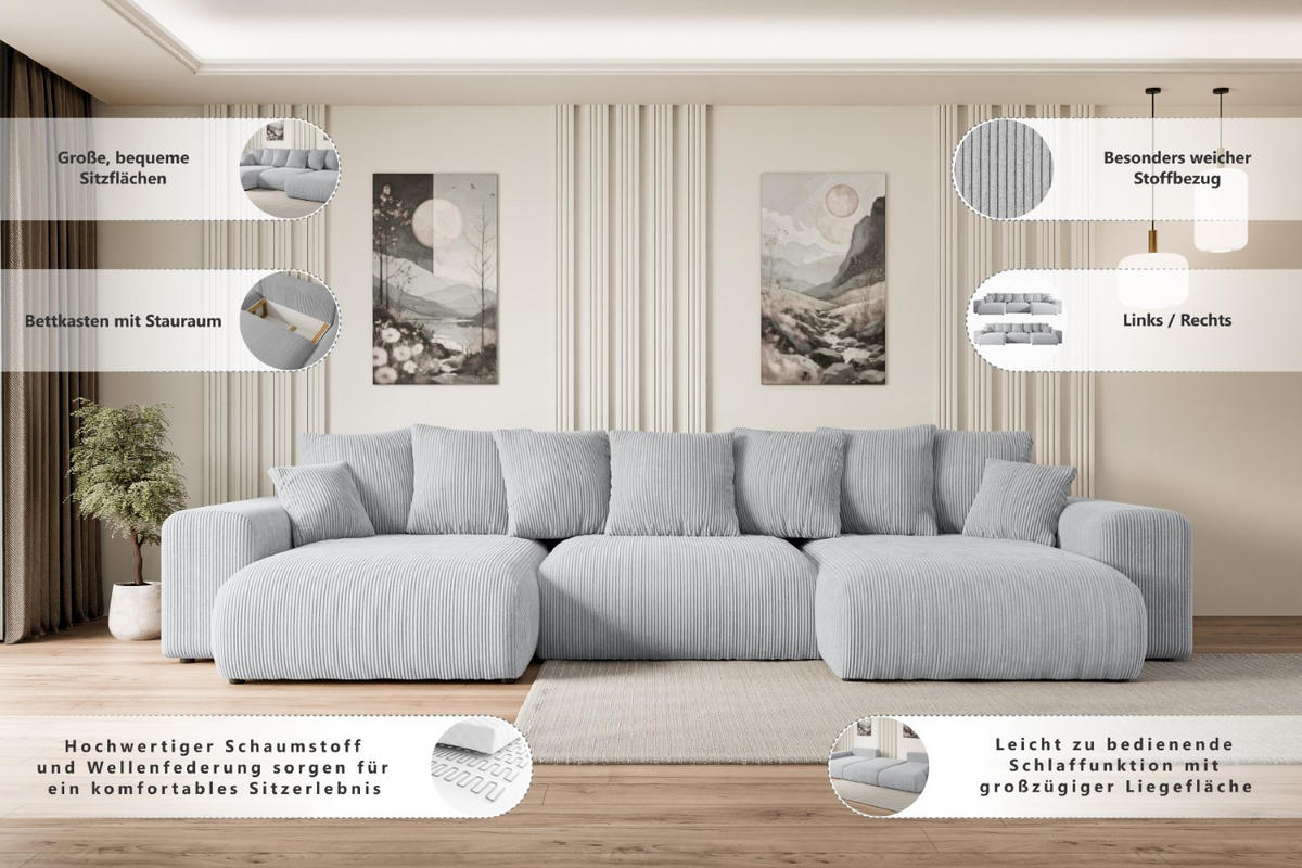 WOHNLANDSCHAFT mit Schlaffunktion und Bettkasten ESKAR-U -352x165x84cm Beige Cord - Beige/Schwarz, Holzwerkstoff/Kunststoff (352/84/165cm) - ALTDECOR
