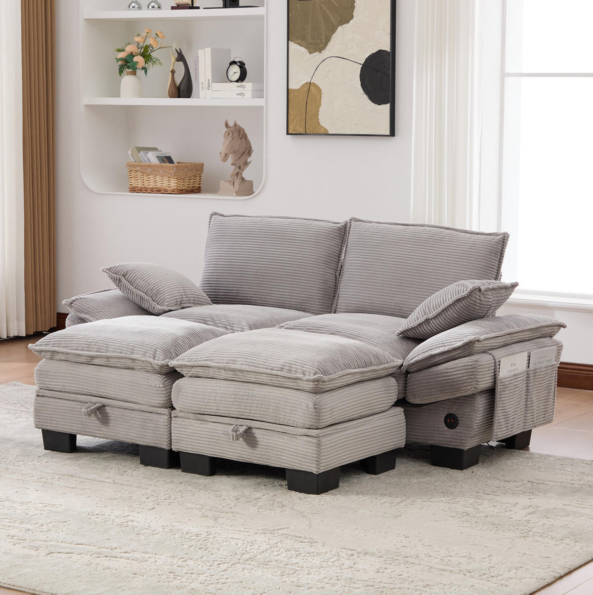 SOFA modular 2-Sitzer mit 2 Hockern Corduroy Light Gray - Hellgrau, Holzwerkstoff (132/84/190cm) - Meubliv
