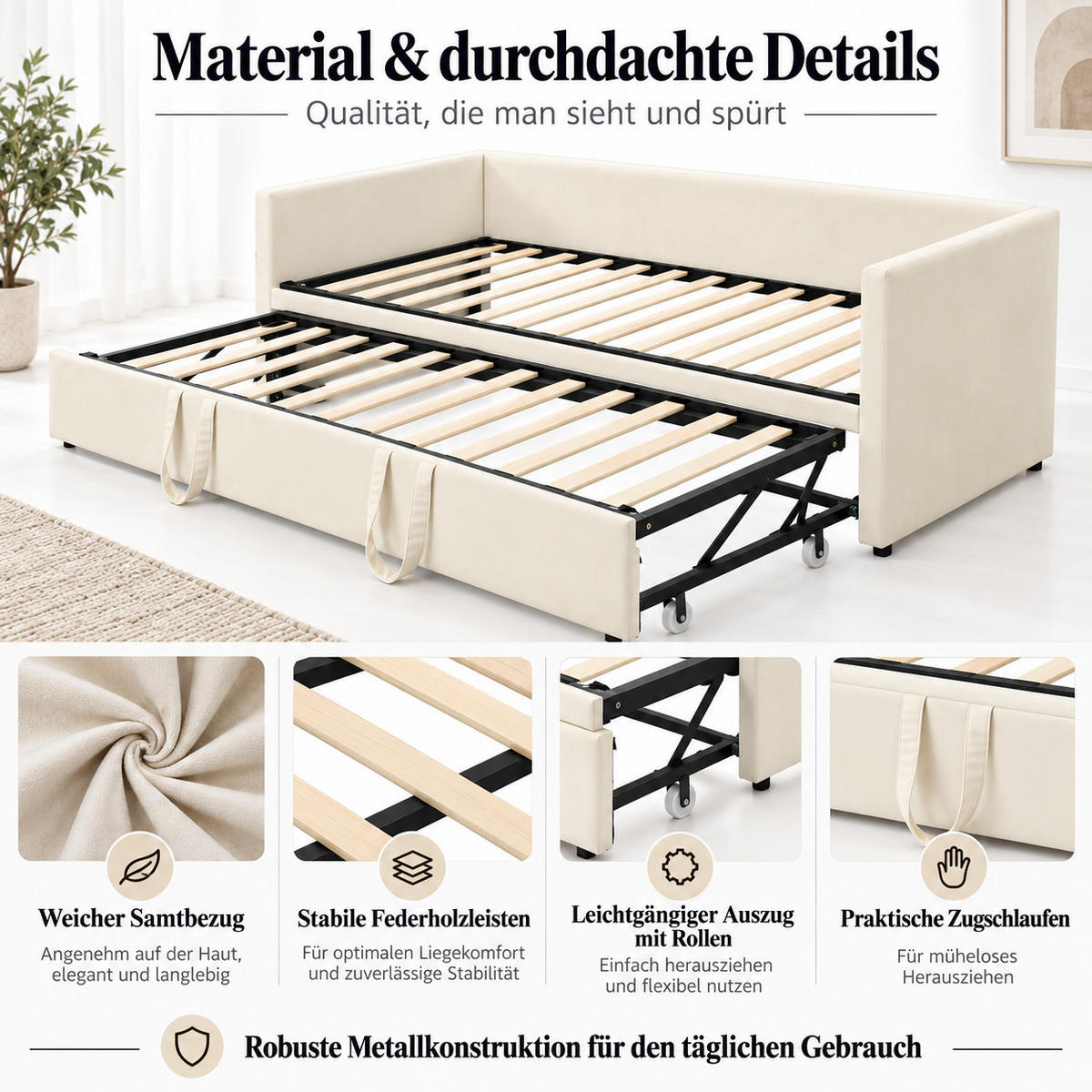 SCHLAFSOFA Samt creme ausziehbar mit Gästebett Funktion 3-fach umwandelbar Tagesbett mit Rollen - Beige, Metall (183/74/213cm) - Joyfair