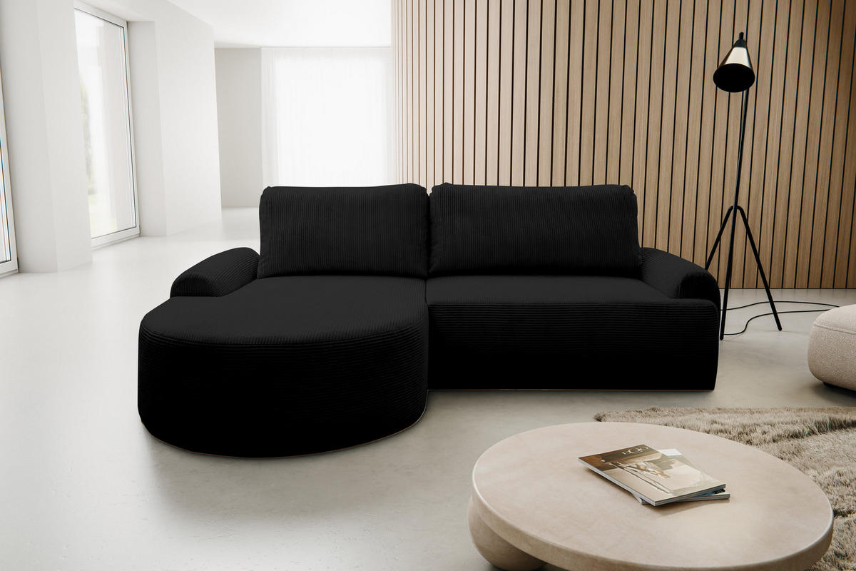 ECKSOFA Dream Cord in L-Form mit Schlaffunktion und Bettkasten, Farbe: Schwarz, Cordstoff, Ottomane Links - Schwarz, Textil (136/260cm) - VENASI MÖBEL