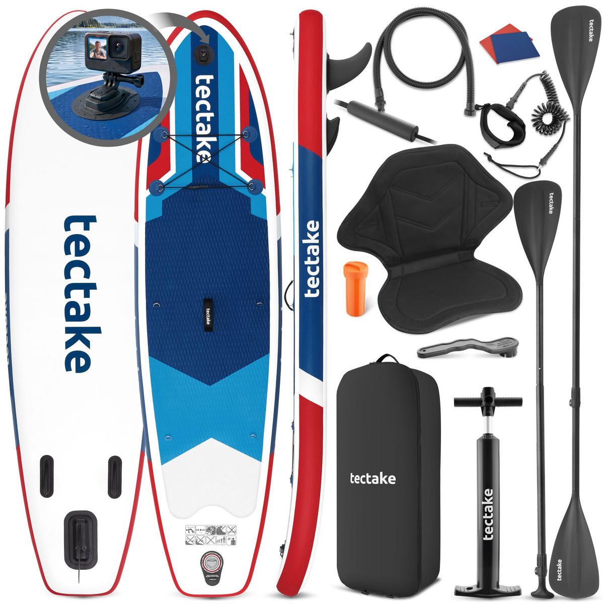 STAND-UP PADDLE BOARD Poseidon, Belastbarkeit 200 kg, inklusive Kajak-Sitz, rot/blau - Rot, Kunststoff (288/77/0.23cm) - tectake