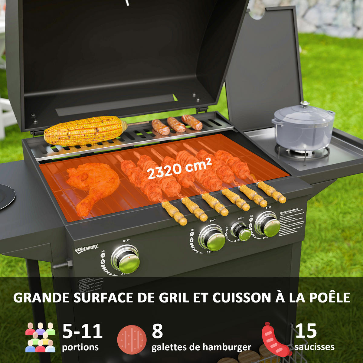 GASGRILL DE-18620 3+1 Brenner 9,5 kW mit 2 Grillrosten Schwarz - Schwarz, Metall (58/98/123cm) - ComfortXL