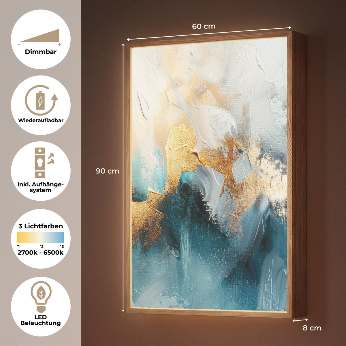 NÁSTĚNNÁ LAMPA S AKUMULÁTOREM Abstraktní - umění - zlatá - modrá 60x90 cm - tyrkysová, kompozitní dřevo (60/90/8cm) - OnlyWow