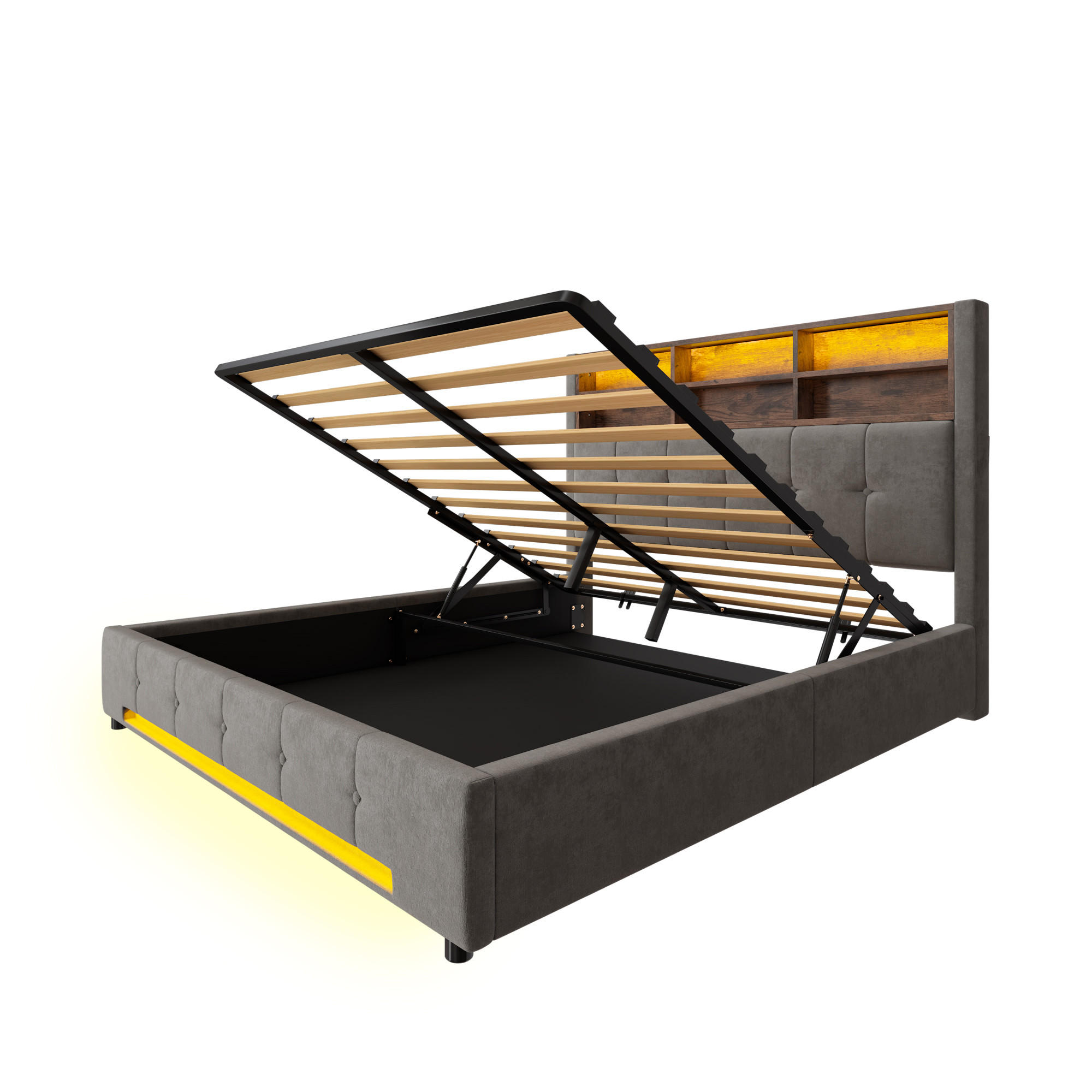 POLSTERBETT 160/200 cm Dunkelgrau mit 6 Fächer, Seitentaschen, USB-C und LED - Dunkelgrau, Textil (160/200cm) - Oxeza