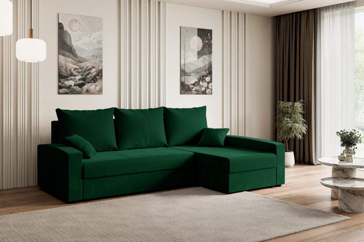 ECKSOFA mit Schlaffunktion und Bettkasten ALESIA-L 231x140x90 cm Grün Velours - Silberfarben/Grün, Holzwerkstoff/Kunststoff (231/140cm) - ALTDECOR