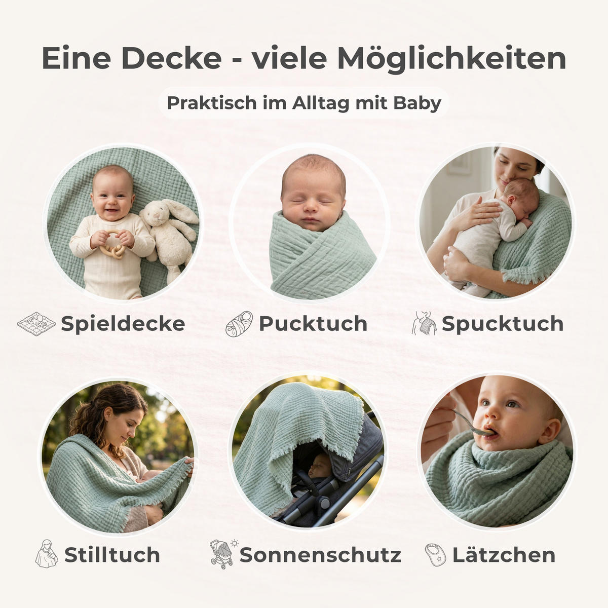 MUSSELINDECKE Babydecke Einschlagdecke Puckdecke Säuglingsdecke Stilltuch - Mintgrün, Textil (80/80cm) - nordic coast company