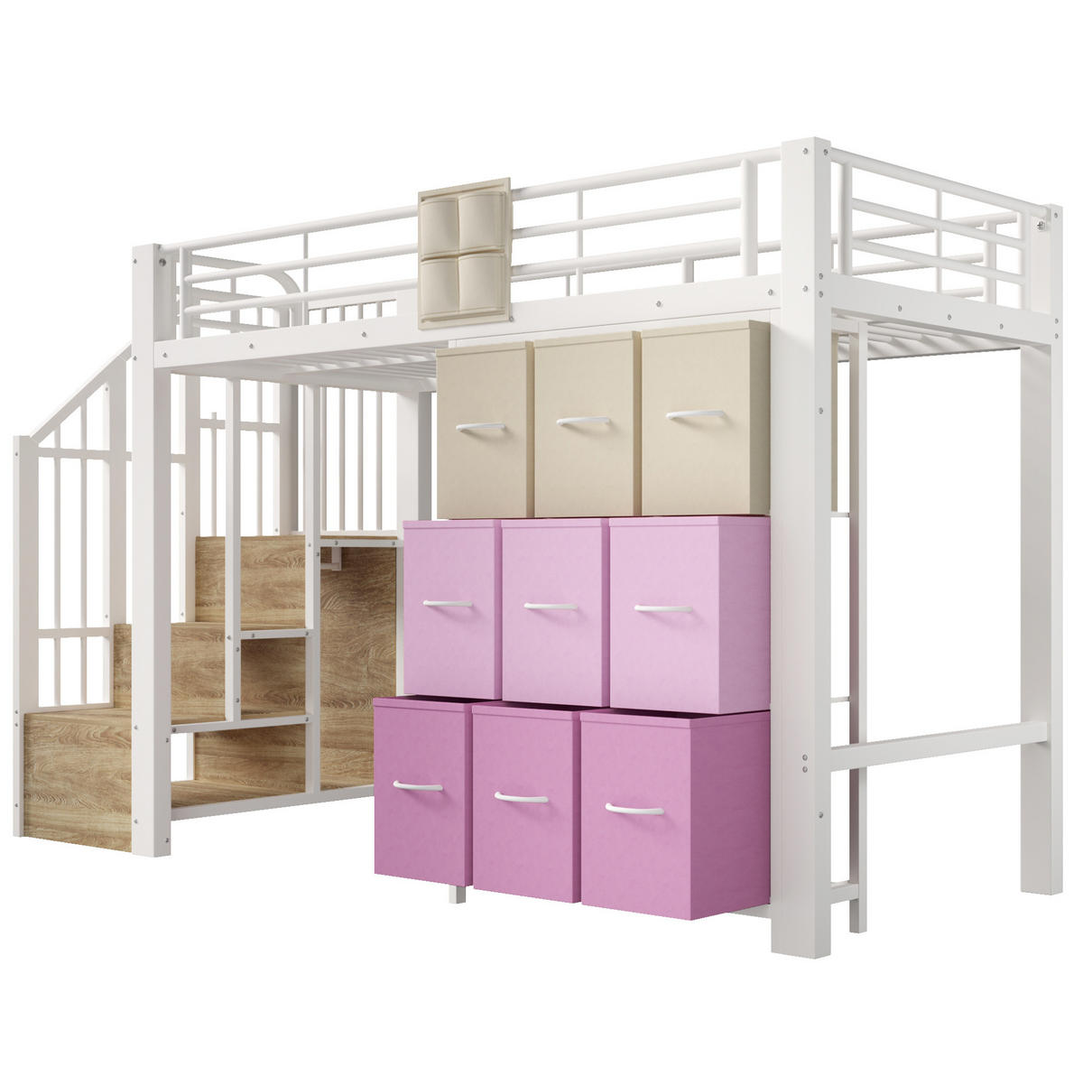 HOCHBETT 90/200 cm mit Stauraumtreppe, Schubladen und Kleiderstange, MDF/Metall, Weiß - Weiß, Holzwerkstoff (90/200cm) - Redom