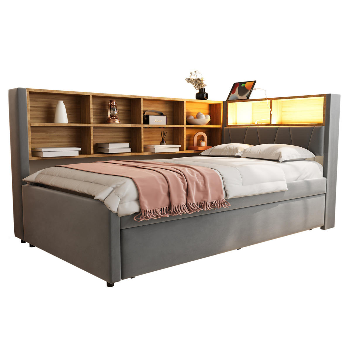 AUSZIEHBETT 90/200 cm und LED-Beleuchtung Dunkelgrau Flanell - Dunkelgrau, Textil (90/200cm) - OKWISH