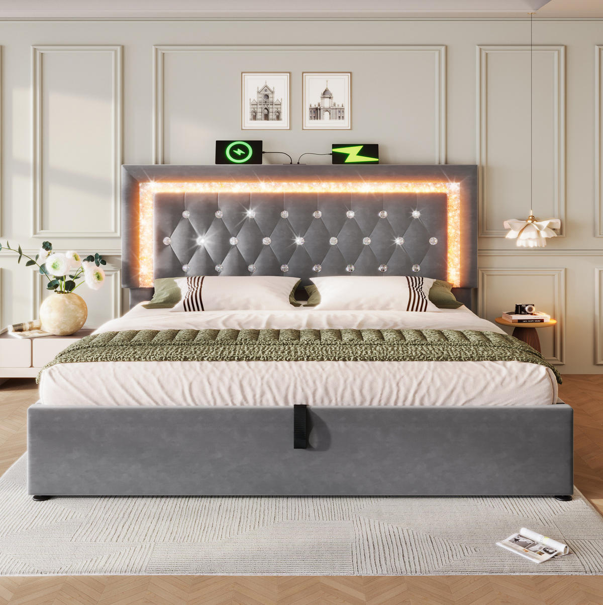 POLSTERBETT mit LED und Stauraum 140x200 cm Samt Grau - Grau, Metall (140/200cm) - Meubliv