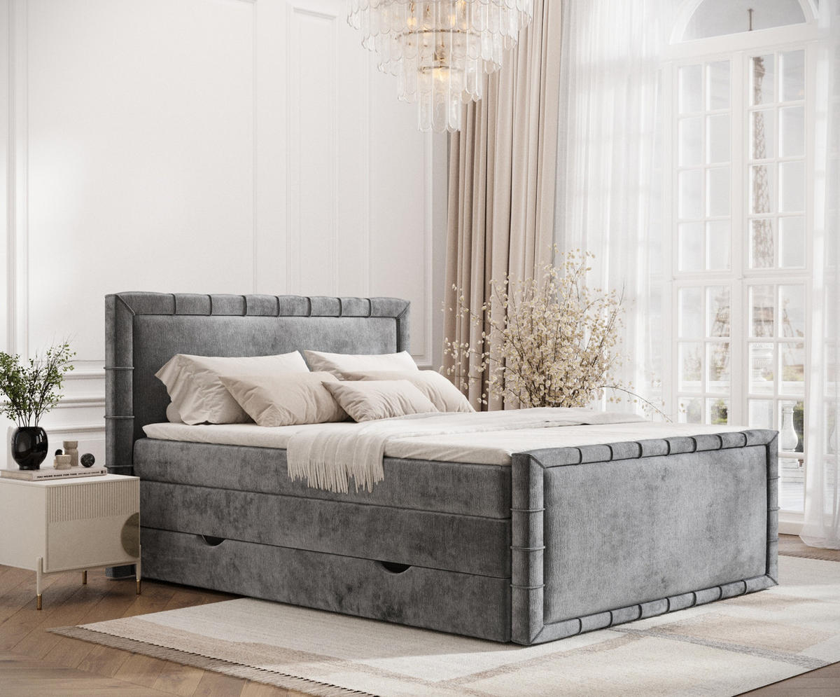 BOXBETT Estelle Grau 200/200 cm im Chenille-Stoff - Schwarz/Grau, Holz/Holzwerkstoff (200/200cm) - Maison de Reve