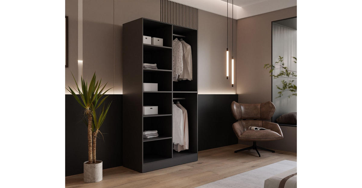 KLEIDERSCHRANK SANDBOX MODERN 100 101/49/200 cm Schwarz Graphit / Schwarz Graphit mit LED ohne Zusatzböden - Schwarz, Holzwerkstoff/Kunststoff (101/200/49cm) - Lookway