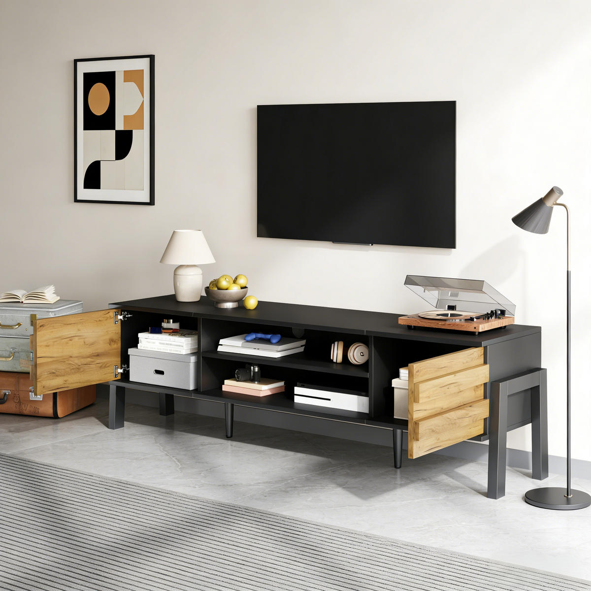 TV-LOWBOARD 175x39.5x53 cm 2 Schränke Offene Lagerflächen - Schwarz, Holzwerkstoff (39.5/53/175cm) - FLIEKS