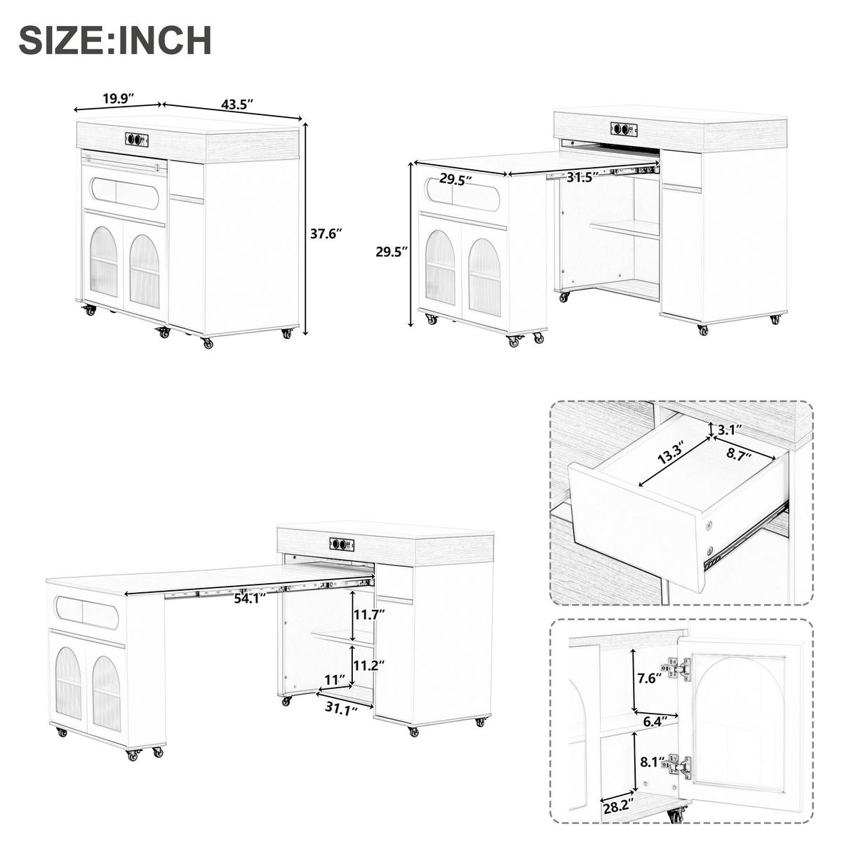 KÜCHENINSEL aus MDF 50.5-187.5x110.5x95.5 cm Weiß/Walnuss mit Ausziehtisch & Steckdosen - Weiß/Braun, Holzwerkstoff (187.5/95.5/110.5cm) - Modfu