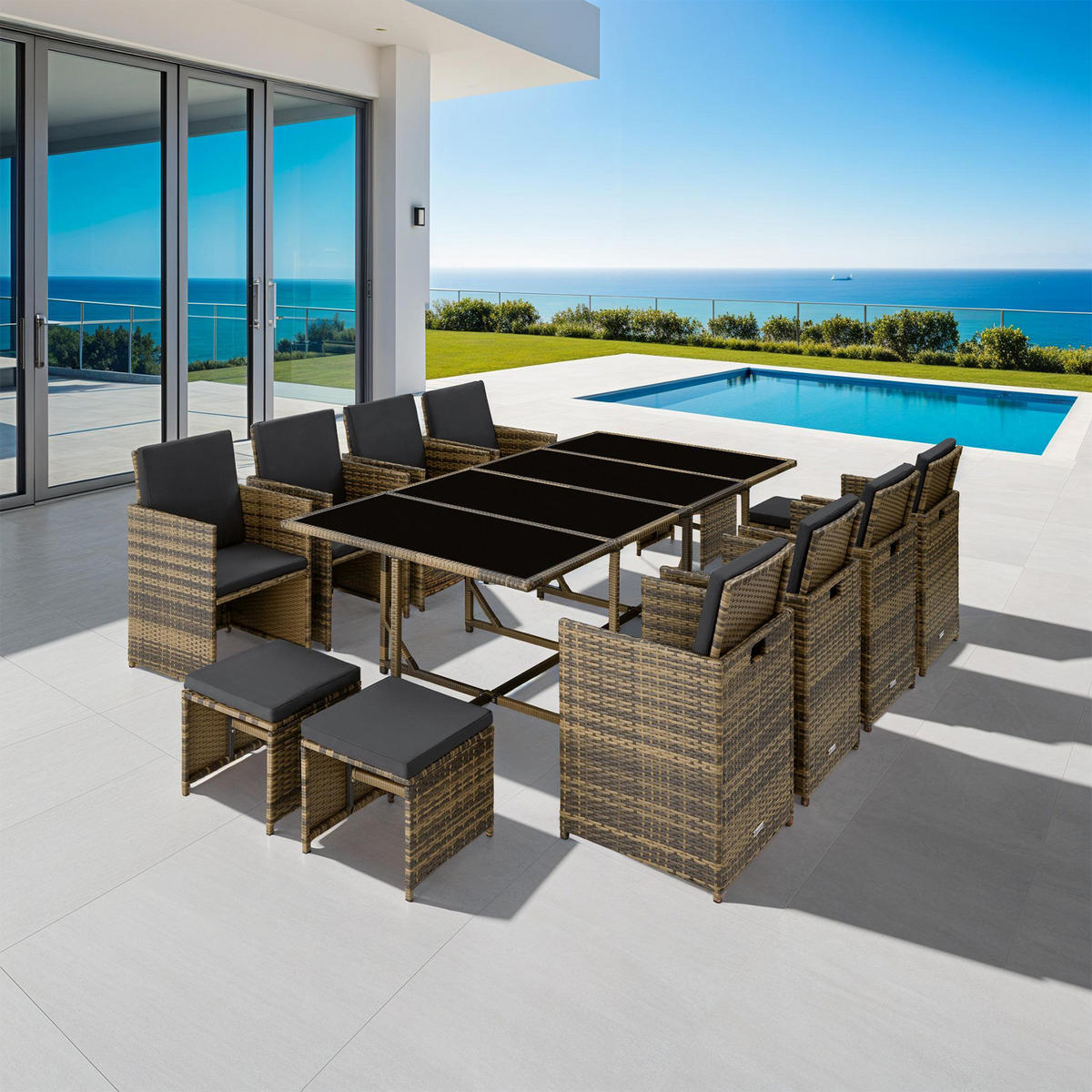RATTAN SITZGRUPPE Palma,zusammenschiebbar, inklusive Schutzhülle,natur/dunkelgrau - Dunkelgrau/Naturfarben, Kunststoff - tectake