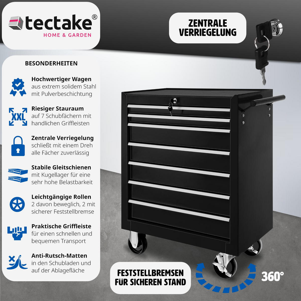 WERKZEUGWAGEN ,Rollen Ø 100 mm,schwarz - Schwarz, Metall (33/79/69cm) - tectake