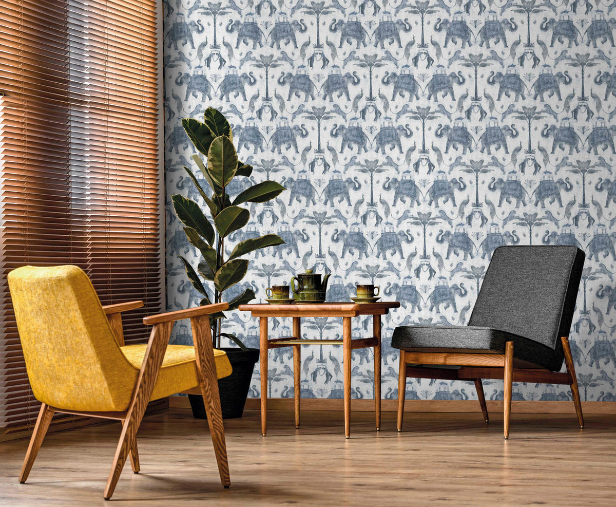 TAPETE Elefanten 53 cm x 10 m - Blau, Papier (53/1000cm) - Sanders & Sanders