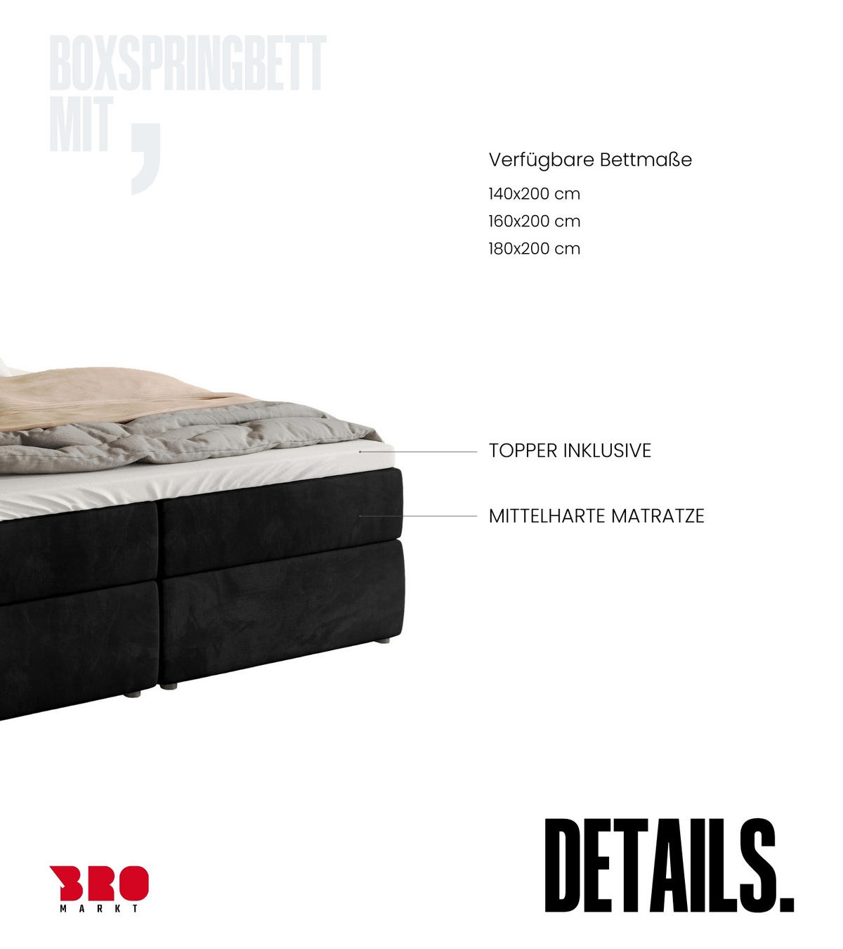 BOXBETT Boston mit Topper 160/200 Schwarz - Schwarz, Holzwerkstoff/Textil (160/200cm) - Bromarkt