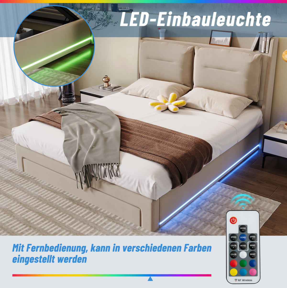 POLSTERBETT aus Samt 180x200 cm in Beige mit LED-Beleuchtung & Stauraum - Beige, Textil (180/200cm) - Modfu