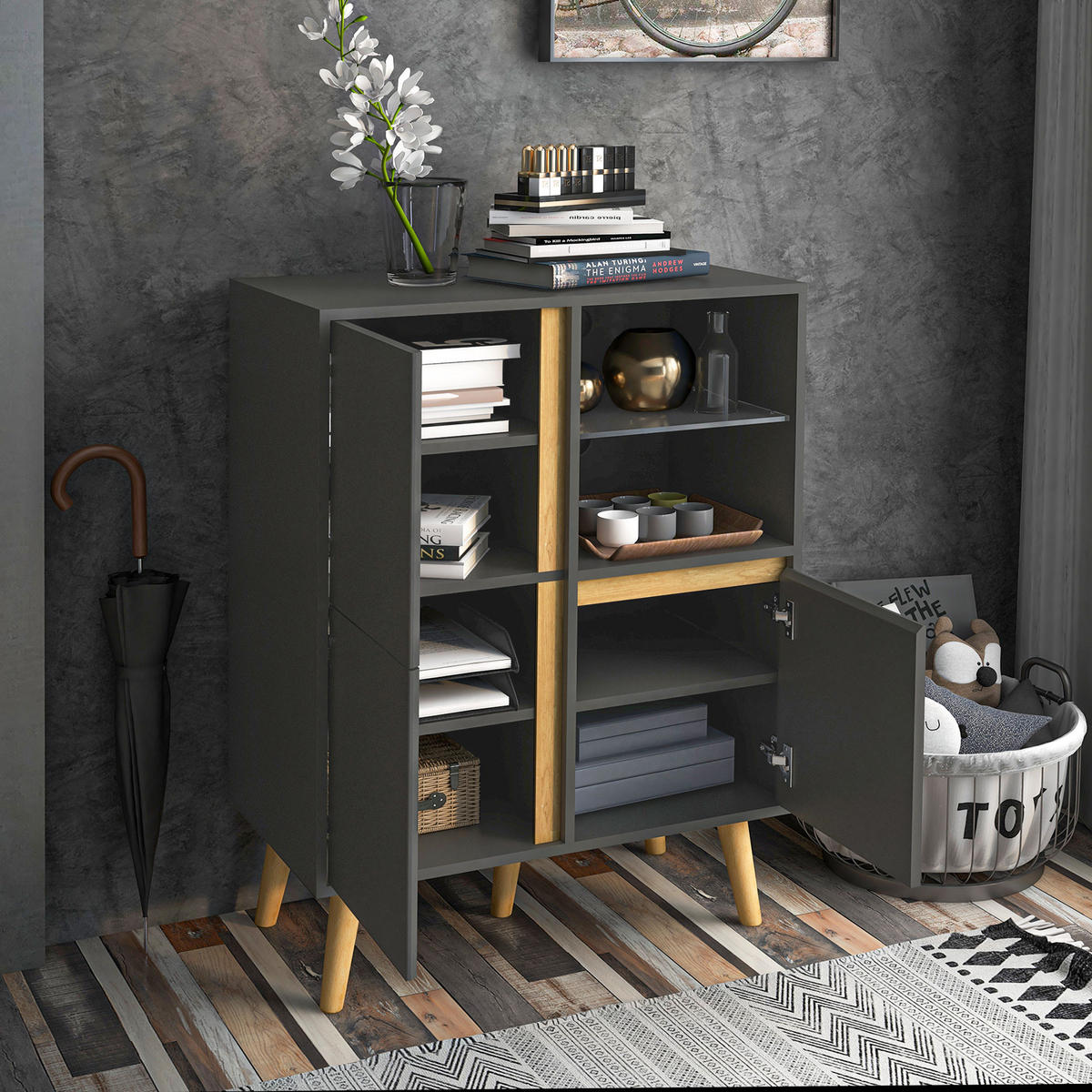 SIDEBOARD DE-11056 Verstellbare Böden & Massivholzfüße Dunkelgrau - Dunkelgrau, Holzwerkstoff (70/96.1/40cm) - ComfortXL