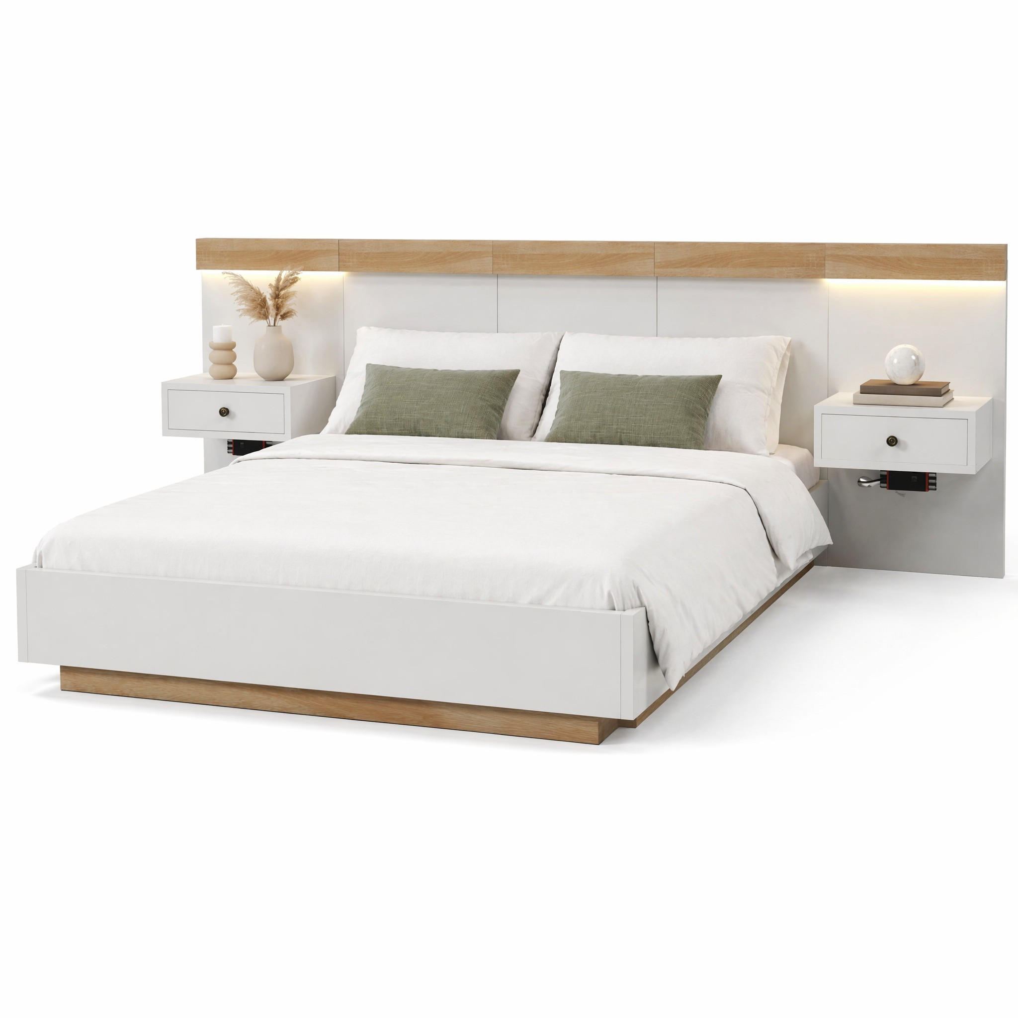 BETTANLAGE 160/200 cm in Weiß & Sonoma-Eiche mit 2 Nachtkommoden, LED, USB und Type-C Holzdekor Schwebelook - Eichefarben/Weiß, Holzwerkstoff (160/200cm) - STILVORA