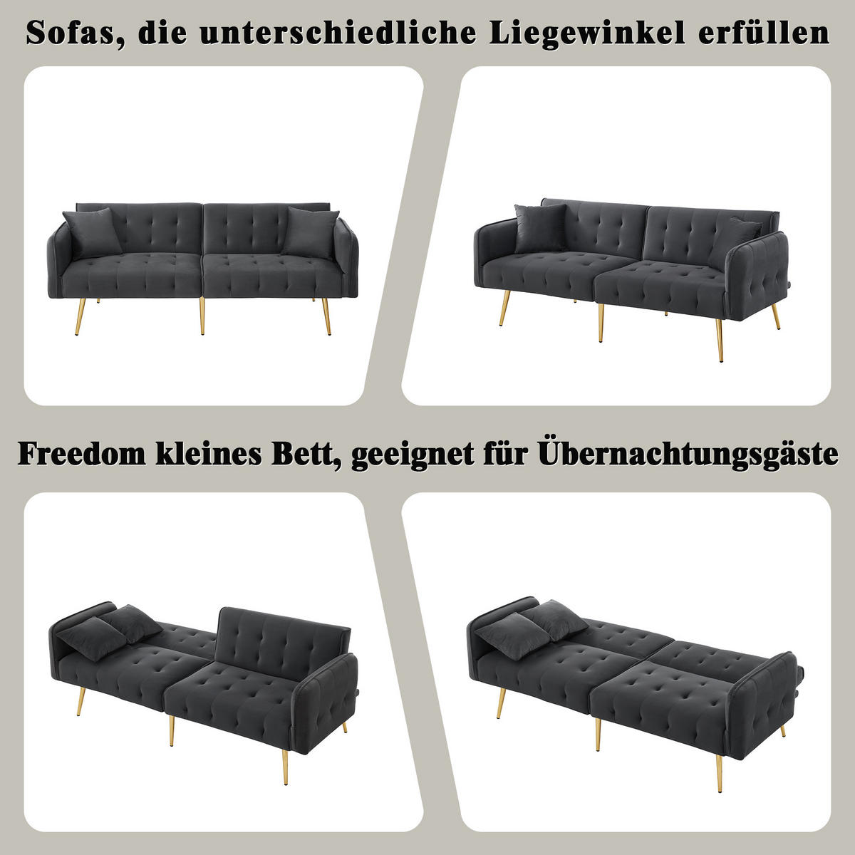 SOFA Zweisitzer Sofabett Velours Verstellbare Lehne Großzügig Schlaffunktion - Grau, Holz (89.92/18.03/80.52cm) - FLIEKS