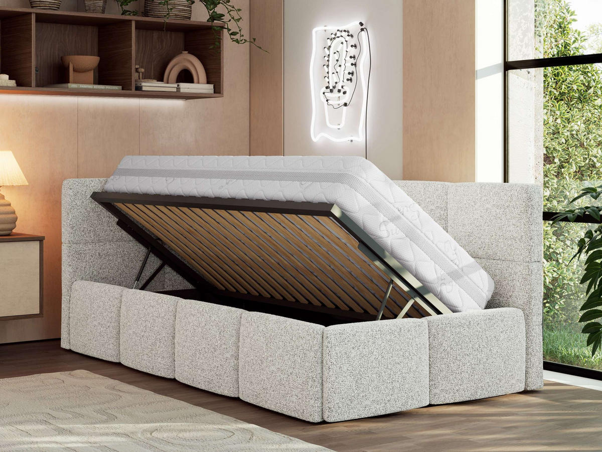 JUGENDBETT ARVO 90/200 - Hellgrau Strukture - Multipocket-Matratze - Links Seite - Hellgrau, Textil (90/200cm) - MKS