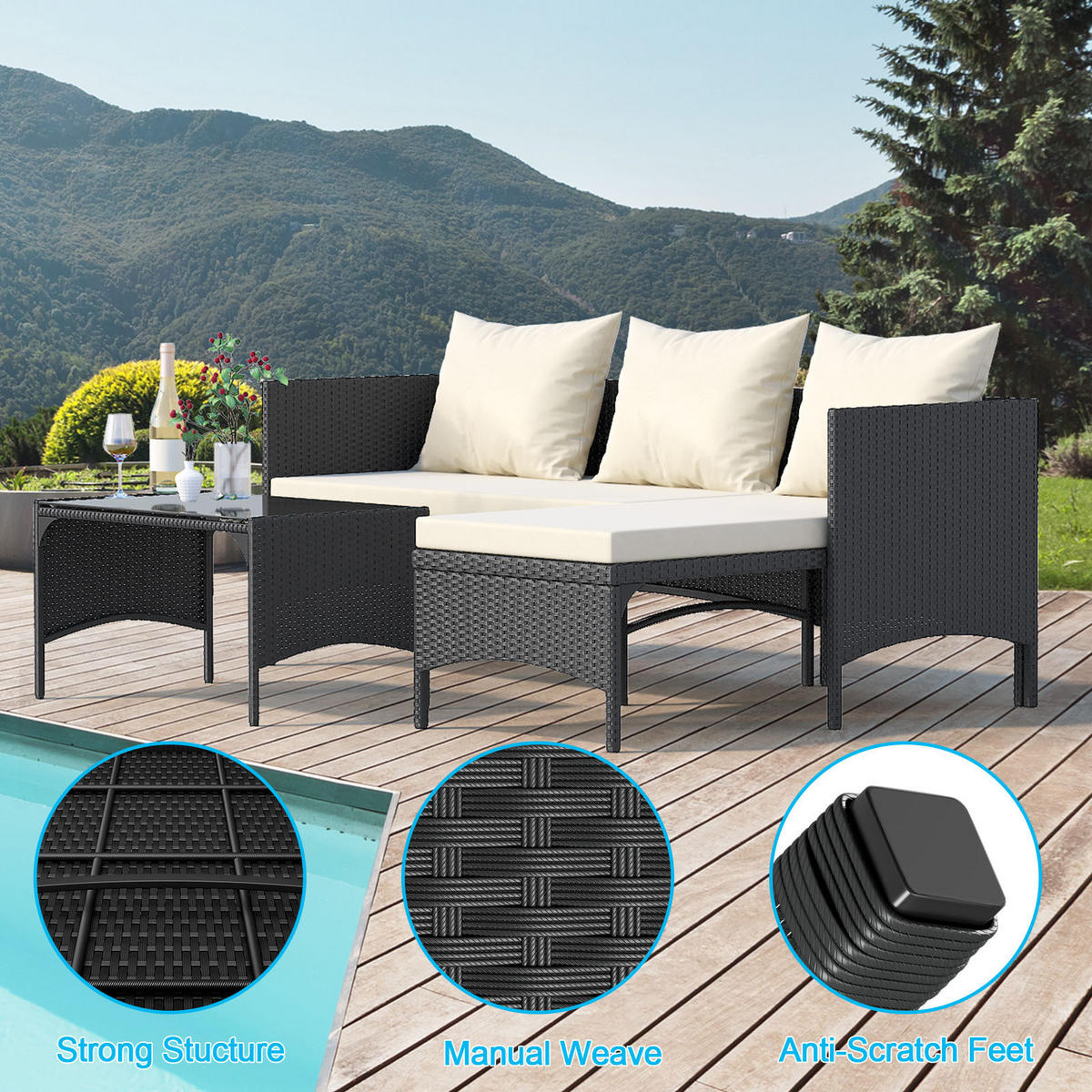 ECKSOFA Loungeset 3tlg Schwarz Gartensofa Modular - Schwarz, Textil - Rattrix