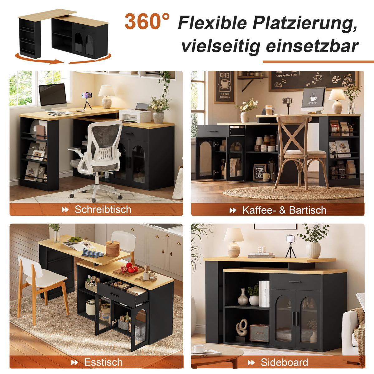 KÜCHENINSEL DE-41415 136/50/78 cm, 360° Drehtisch und Schublade Schwarz - Schwarz, Holzwerkstoff (136/78/50cm) - ComfortXL