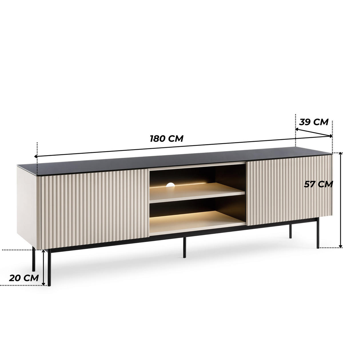 TV-LOWBOARD DIJON RTV180 180 cm (Kaschmir, Antisol-Glasplatte, LED) - Kaschmir/Schwarz, Glas/Holz (180/57/39cm) - Ravio
