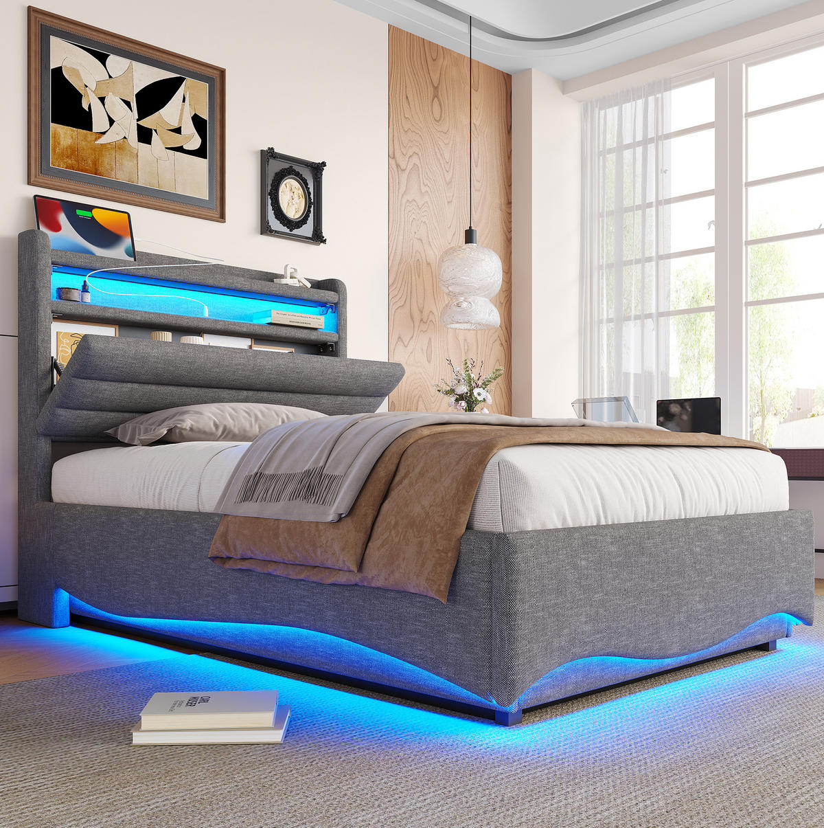 ČALOUNĚNÁ postel 90/200 cm šedá z lnu s LED osvětlením a hydraulickým úložným prostorem - šedá, textil (90/200cm) - OKWISH