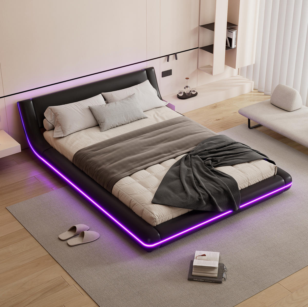 BODENBETT aus PU und MDF 140x200 cm Schwarz mit LED-Umgebungslicht und pflegeleichter Oberfläche - Schwarz, Kunststoff (140/200cm) - Modfu