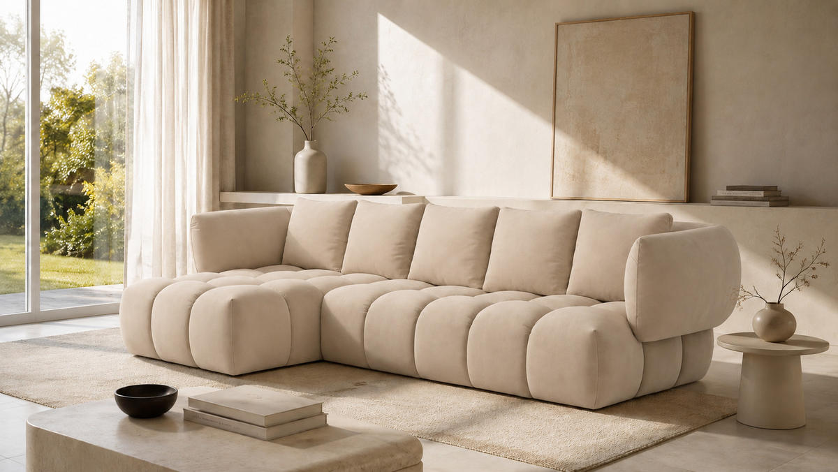 ECKSOFA L-Form, Veloursstoff Bluvel, Creme, Links, SEVIO L - Creme, Holz (242/175cm) - Kaiser Möbel