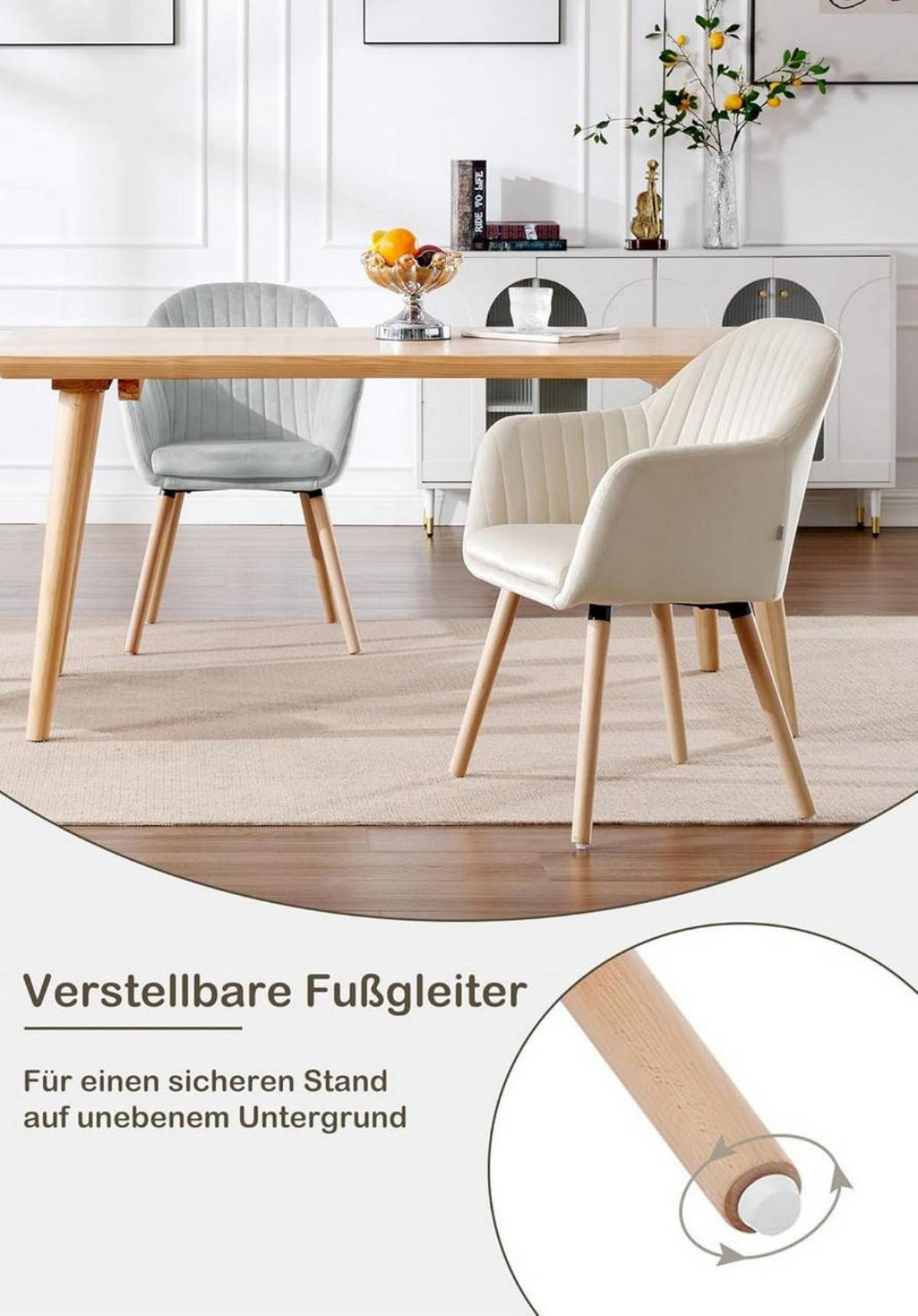ESSZIMMERSTUHL 4er-Set, Samt, Massivholz, Creme - Creme/Naturfarben, Holz/Textil (42/81/50cm) - Woltu