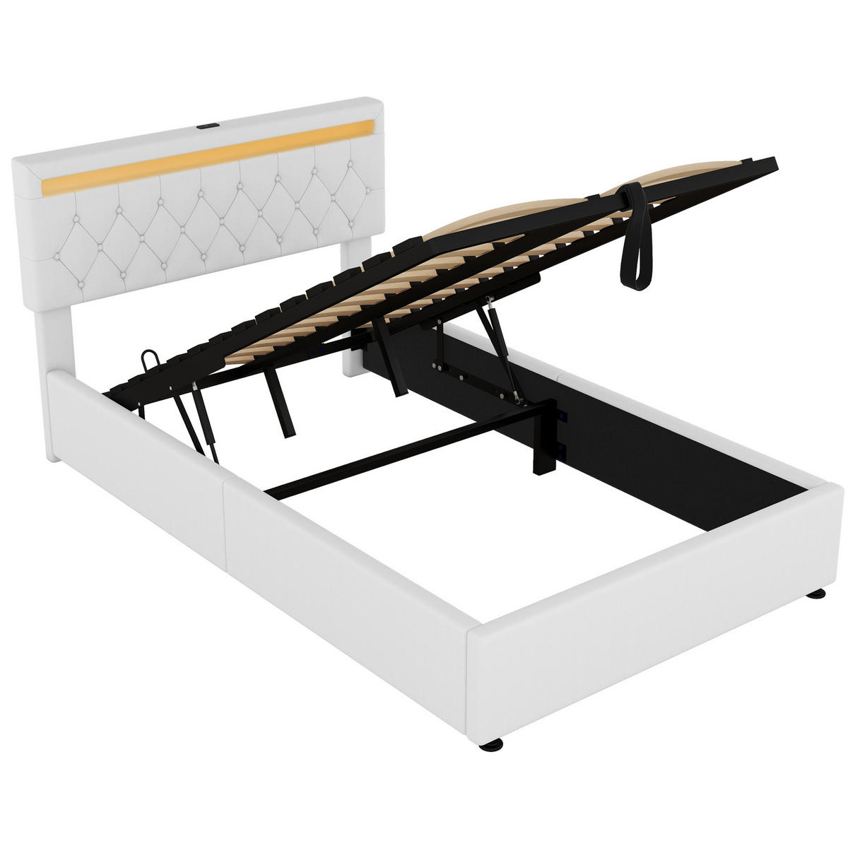 BETT mit Stauraum 140x200 cm Leinen Weiß mit LED, USB und USB-C - Weiß, Metall (140/200cm) - Meubliv