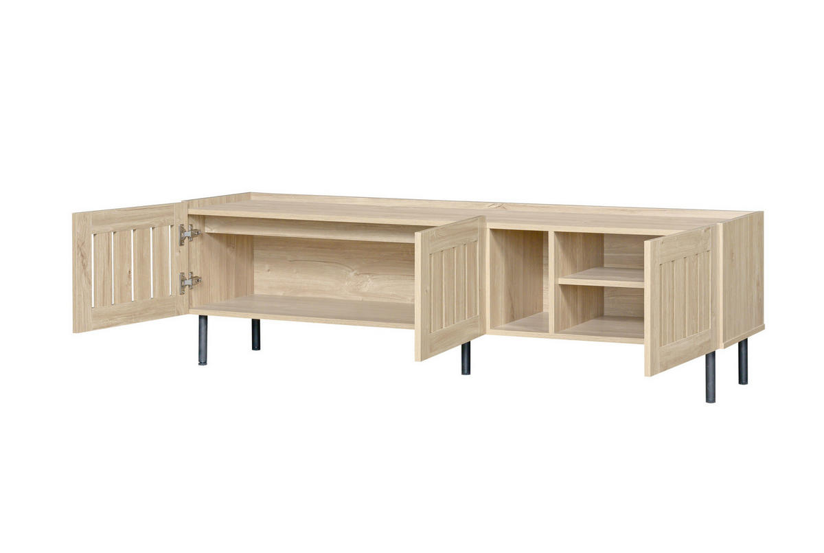 TV-LOWBOARD aus MDF 160x40x47 cm Natur mit Kabeldurchführung und Lamellentüren - Hellbraun, Holzwerkstoff (160/47/40cm) - Modfu