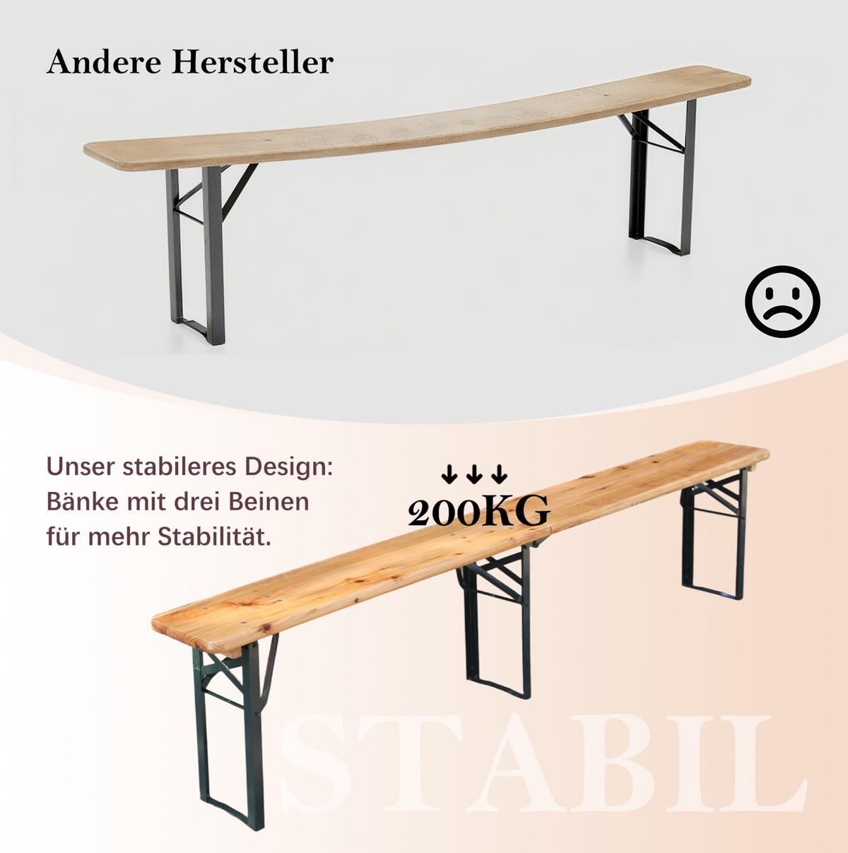 BIERZELTGARNITUR 220/50/78 cm klappbar, 3-teilig und wetterbeständig, Holzfarbe - Naturfarben, Metall - Redom