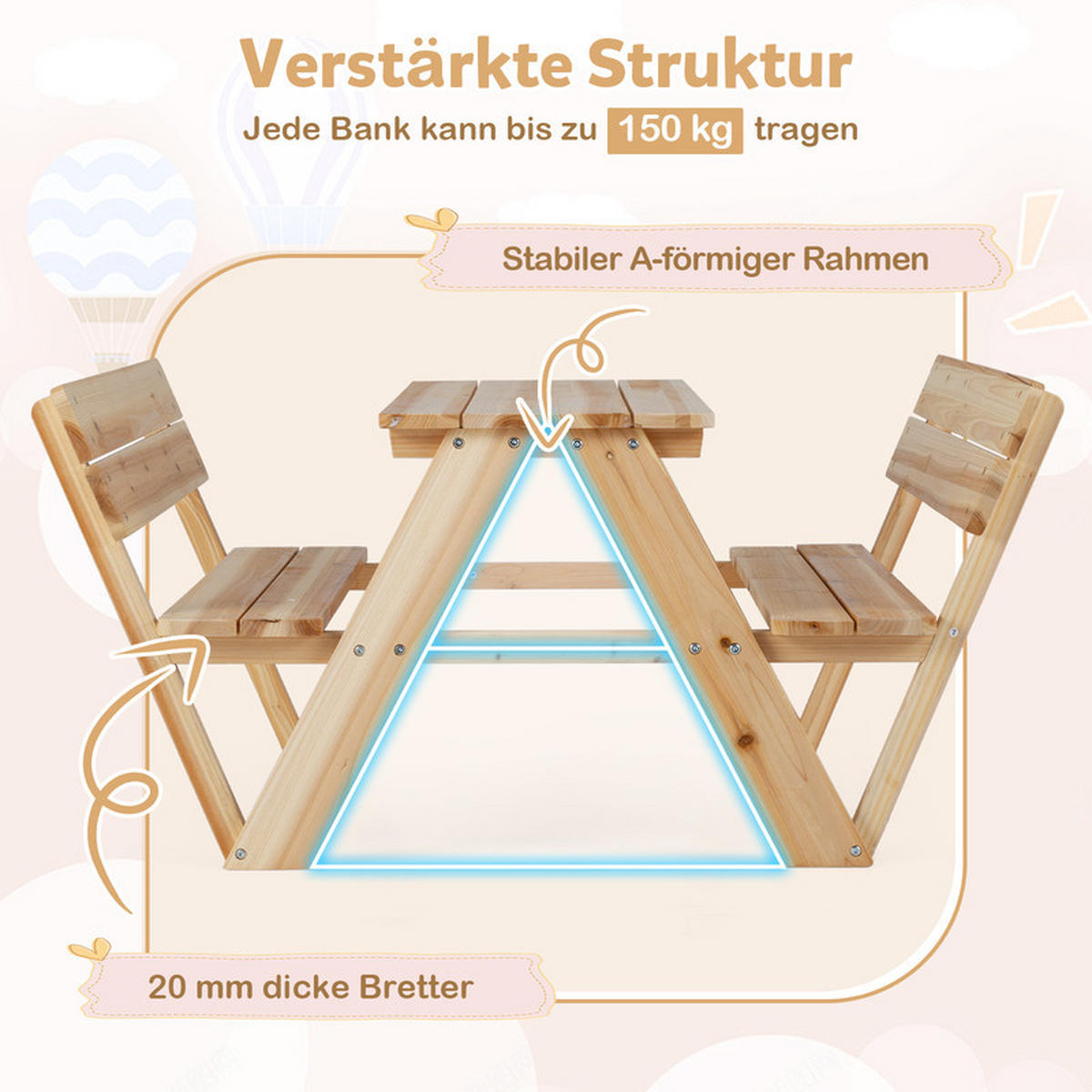 KINDERGARTENTISCH mit Sitzbänken natur - Naturfarben, Holz - COSTWAY