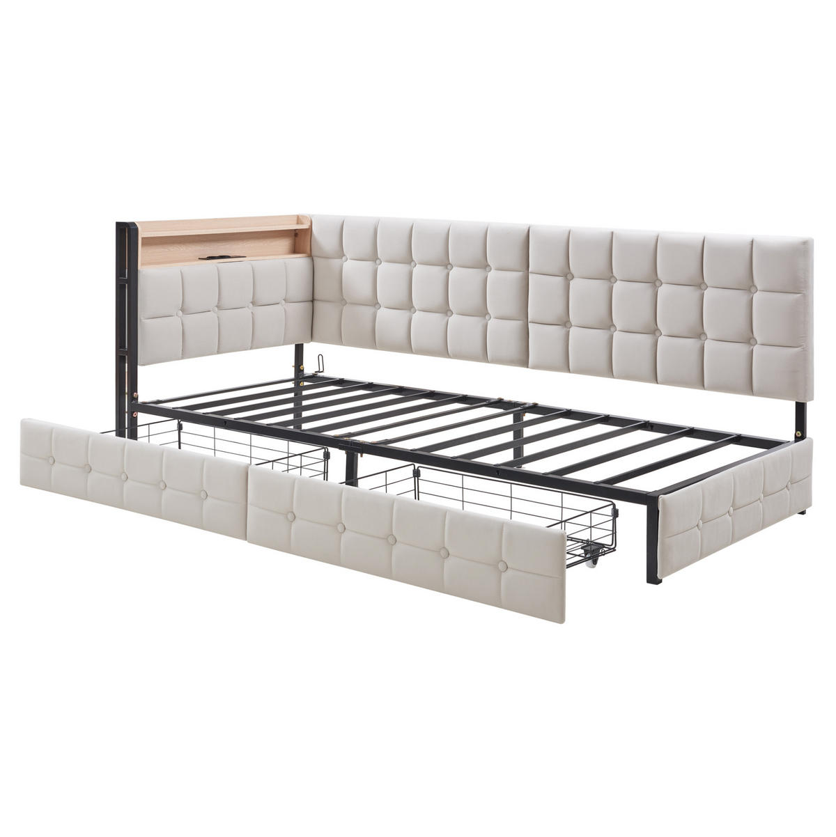 SCHLAFSOFA aus Samt 90x200 cm Beige mit 2 Schubladen, LED-Beleuchtung und USB-C-Anschluss - Beige, Textil (90/200cm) - IVMEU