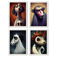 POSTER Set mit 4 Neugierig Tier im T Burton Goth Stil A3 Weißer Rahmen - Weiß, Papier (29.7/3cm) - Nacnic