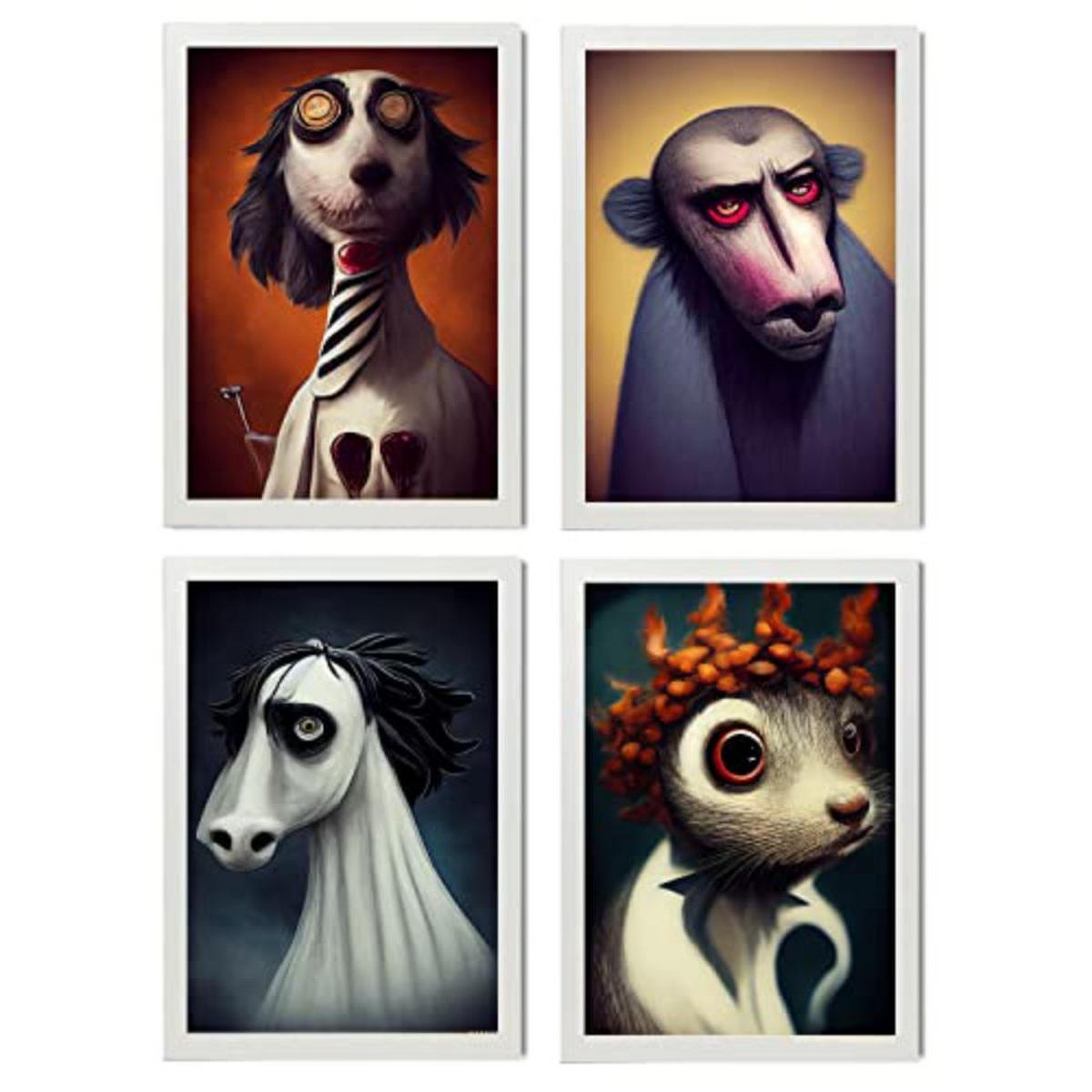 POSTER Set mit 4 Neugierig Tier im T Burton Goth Stil A3 Weißer Rahmen - Weiß, Papier (29.7/3cm) - Nacnic