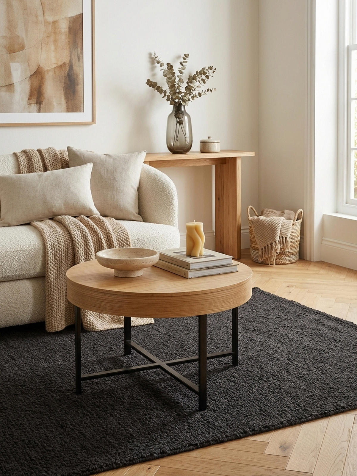 COUCHTISCH in Holzoptik mit Metallbeinen, Rund, Stauraumfunktion, Maße 69x49x69 cm - Schwarz/Braun, Holz/Metall (69/69/49cm) - KADIMA DESIGN