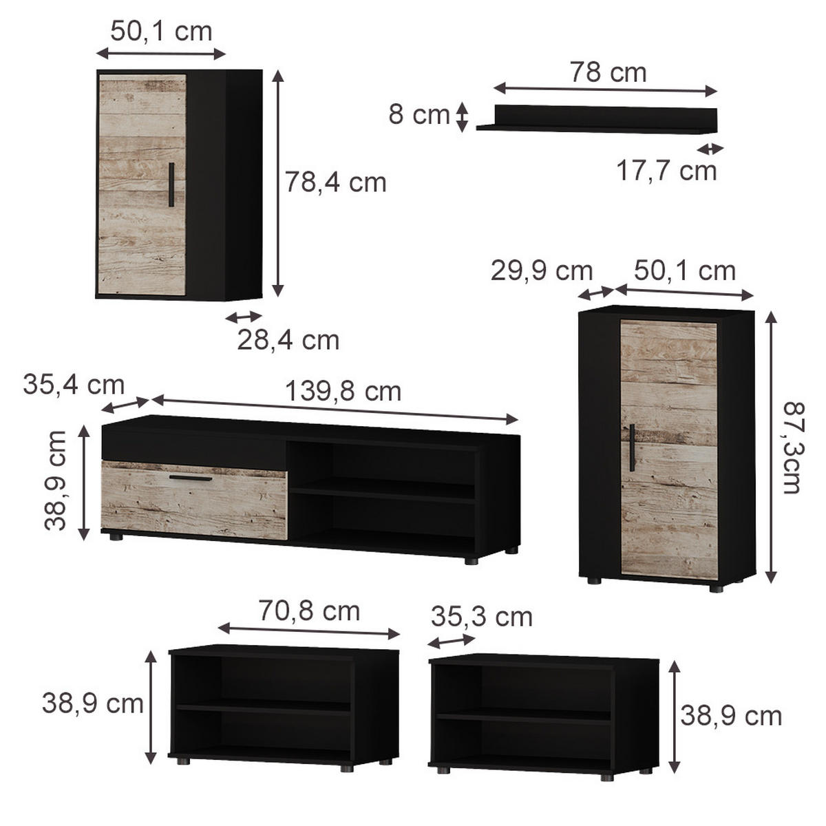 NÁSTENNÁ SKRINKA Berno, čierna/pieskový dub, 6-dielna sada - čierna/dub sonoma, kompozitné drevo (140/38.7/35.2cm) - Vicco